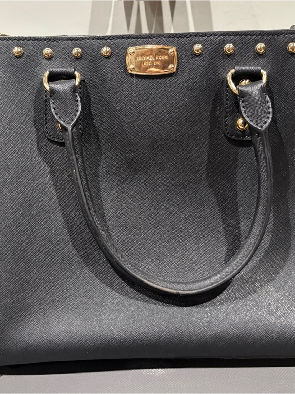 Michael Kors Black Saffiano Satchel with Gold Studs